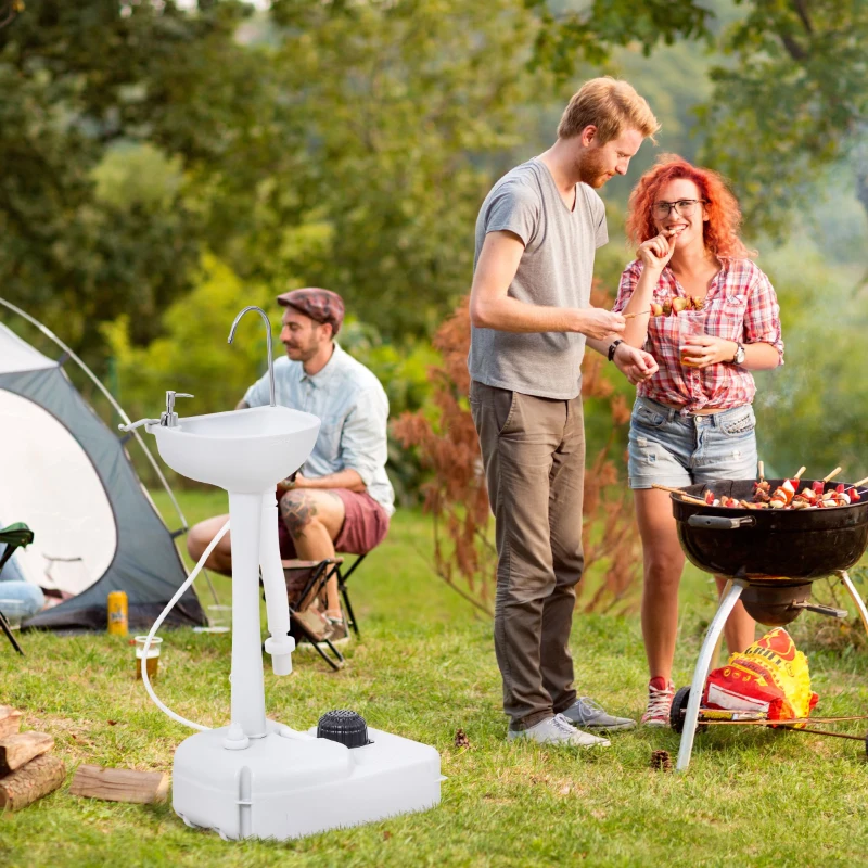 Outsunny Lavamanos Portátil Estación de Lavado para Actividades al Aire Libre y Camping con Tanque de Agua de 17L Dispensador de Jabón Toallero y 2 Ruedas HDPE para Eventos, Reuniones Gris Claro