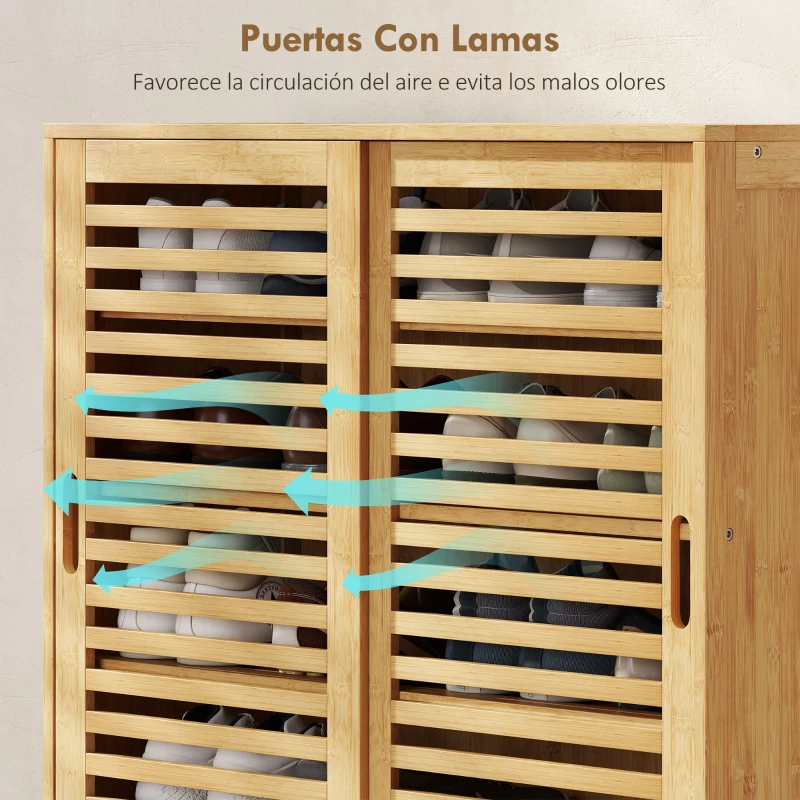 HOMCOM Zapatero con 2 Puertas Correderas de Lamas Estantes Ajustables para 16 Pares de Zapatos 80x35x80 cm Natural