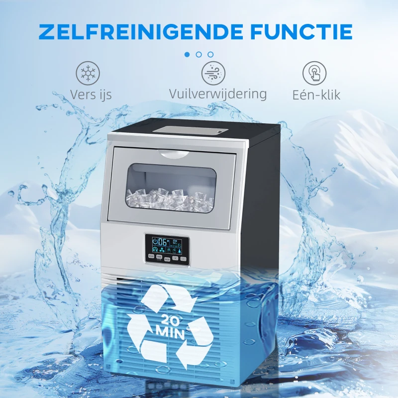 HOMCOM Commerciële IJsblokjesmachine, LED-Verlichting, Makkelijk Afleesbare Displays, inclusief Schep, Zilver