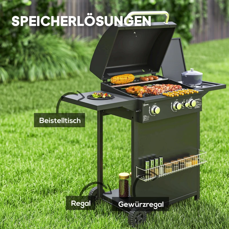 Outsunny Gasbarbecue 9,5 KW Grillwagen met 4 Branders, Zijbrander 123 x 57 x 98 cm Zwart