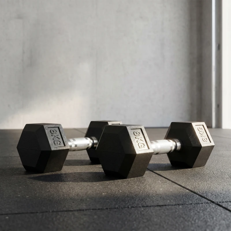 HOMCOM hexagon dumbbells set van 2 gietijzeren dumbbells handvat gekartelde dumbbell set dumbbell set gewichten metaal rubber zwart 2 x 8 KG(m-2)
