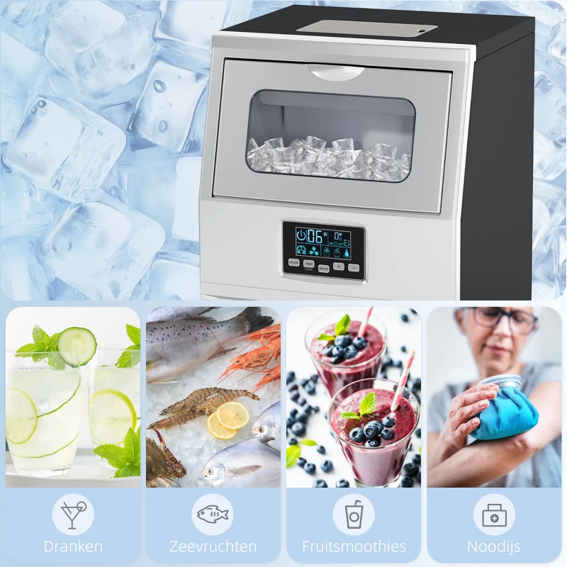 HOMCOM Commerciële IJsblokjesmachine, LED-Verlichting, Makkelijk Afleesbare Displays, inclusief Schep, Zilver