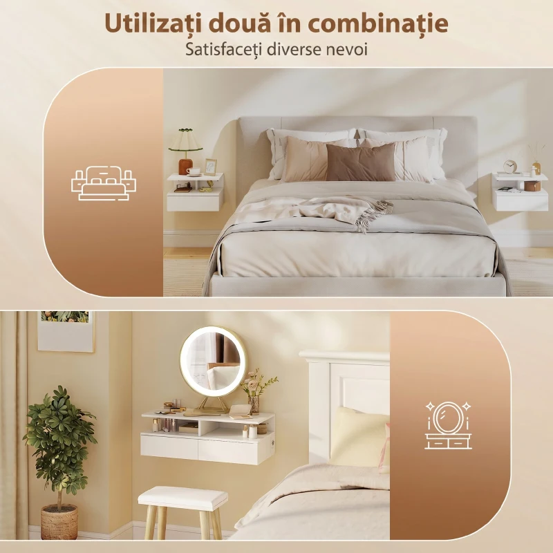 HOMCOM Set 2 Noptiere Suspendate: Stație de Încărcare, Sertar, Raft, Alb