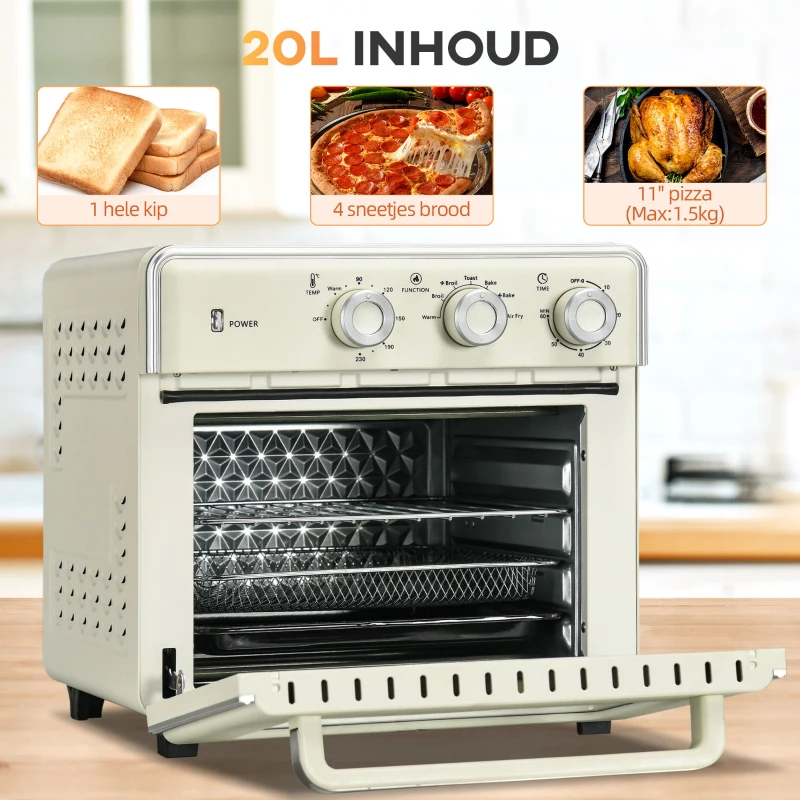 HOMCOM mini-oven 20L, 5 in 1 pizzaoven inclusief bakplaatset, frituurmand, kruimelbak, 1 uur Timer, 90-230 ℃, elektrische mini-oven van 1400 W met convectie, crèmewit