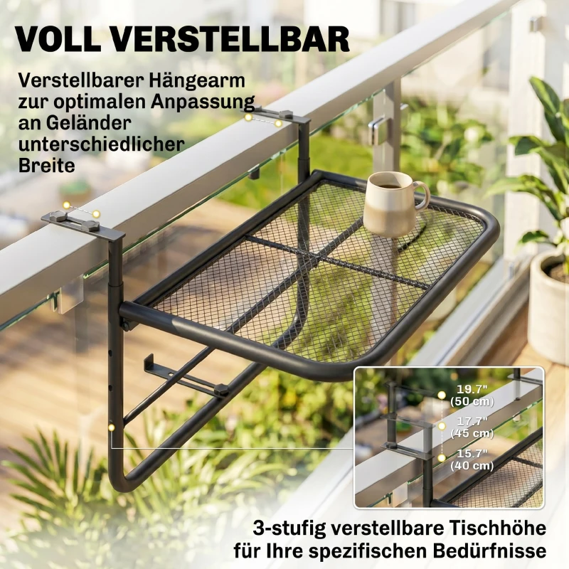 Outsunny Balkon hangtafel hangtafel in hoogte verstelbaar, vierkante terras bijzettafel