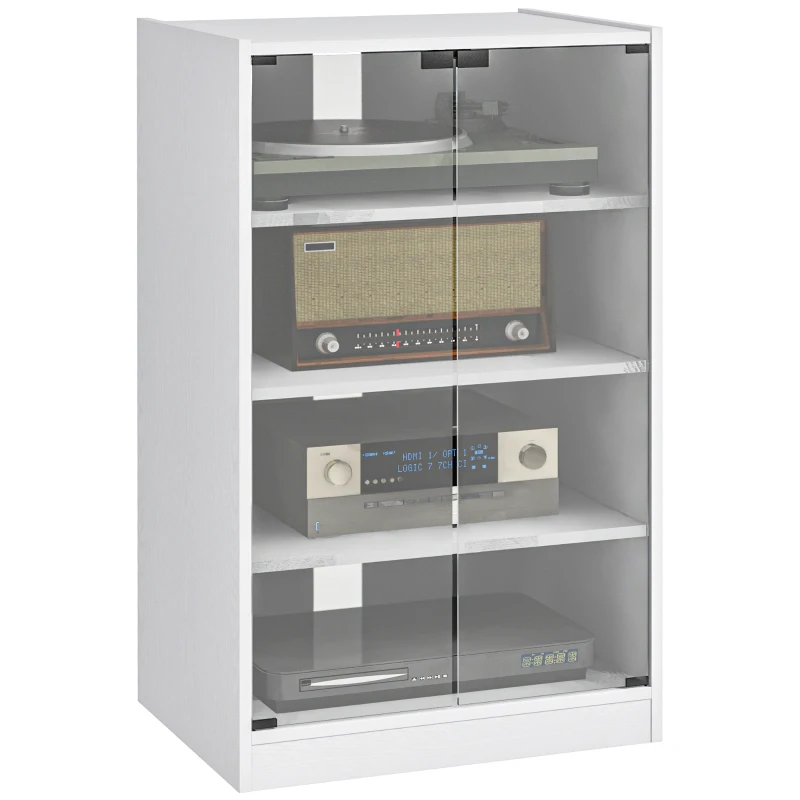 HOMCOM 4-Tier Hi-Fi Stand,  Record Player Stand with Adjustable Shelves and Push-to-Open Glass Doors, White Wood-Effect