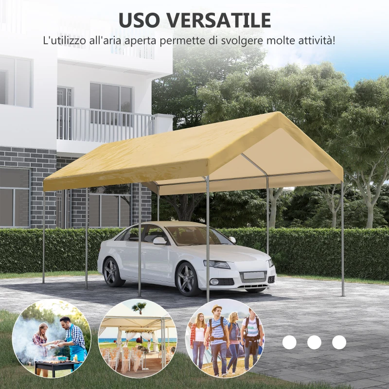 Outsunny Tendone da Giardino ad Altezza Regolabile in Acciaio e PE per Auto Piccole e Medie, 600x295x265-310 cm, Beige