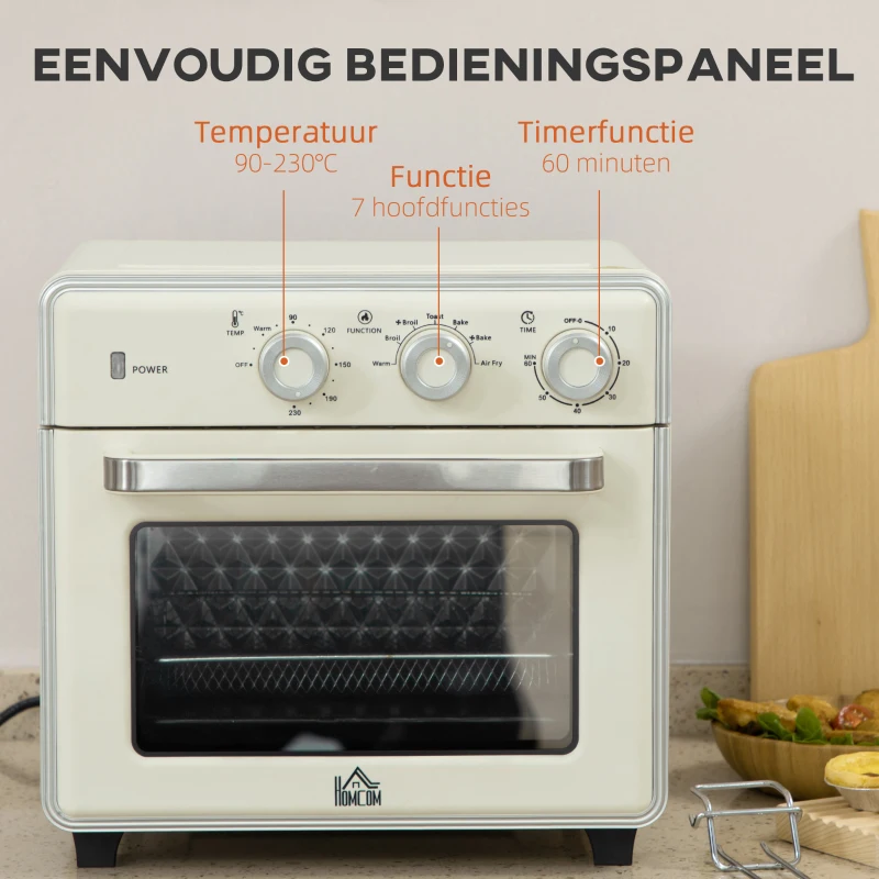 HOMCOM mini-oven 20L, 5 in 1 pizzaoven inclusief bakplaatset, frituurmand, kruimelbak, 1 uur Timer, 90-230 ℃, elektrische mini-oven van 1400 W met convectie, crèmewit