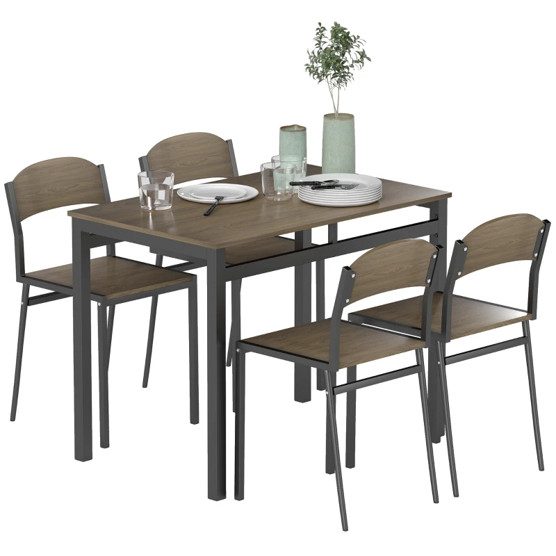HOMCOM Juego de Mesa y 4 Sillas de Comedor Estilo Moderno Marco Metálico para Espacios Pequeños Marrón Oscuro y Negro