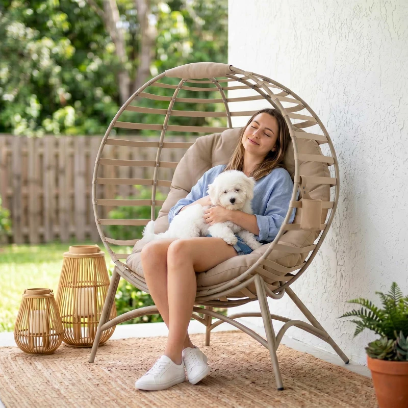 Outsunny Opvouwbare Tuinstoel - 2 Zitplaatsen, Met Kussen, voor Tuin en Terras, Ideaal voor Gezinnen, zandbruin
