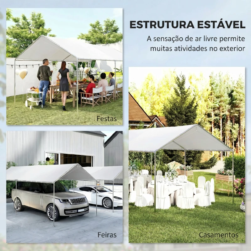 Outsunny Tenda de garagem 3x6 m Impermeável com Toldo de Tecido PE e Estrutura de Aço Galvanizado Branco
