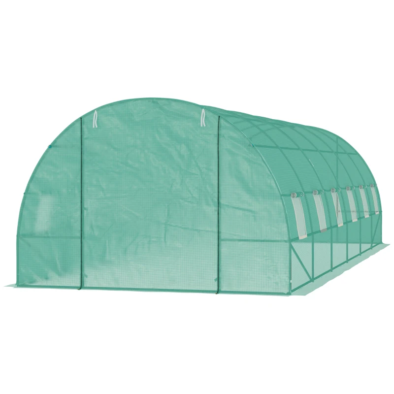 Outsunny Estufa tipo Túnel 8x3x2m Aço e PE 140 g/m² Estufa para Cultivo de Plantas Tomates Verduras com 12 Janelas e Porta Enroláveis Verde