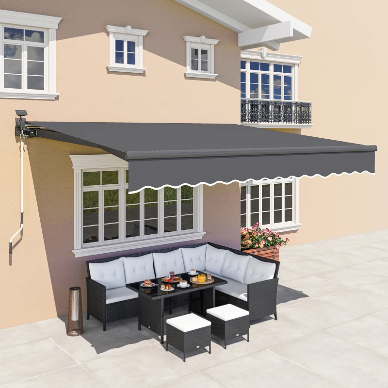Outsunny Uitschuifbare Luifel met Handkruk en Zonne-energie LED-licht UV 50+ 400 cm breed Grijs