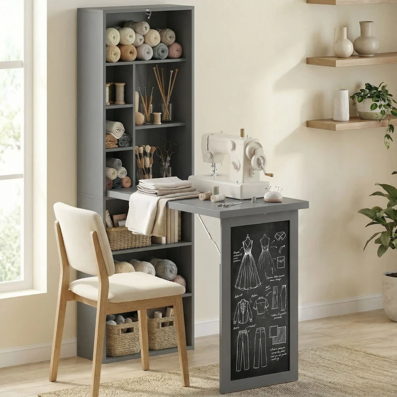 HOMCOM Bureau avec rangement pliable murale rabattable avec bibliothèque poste de travail tableau à craie et étagère réglable(m-8)