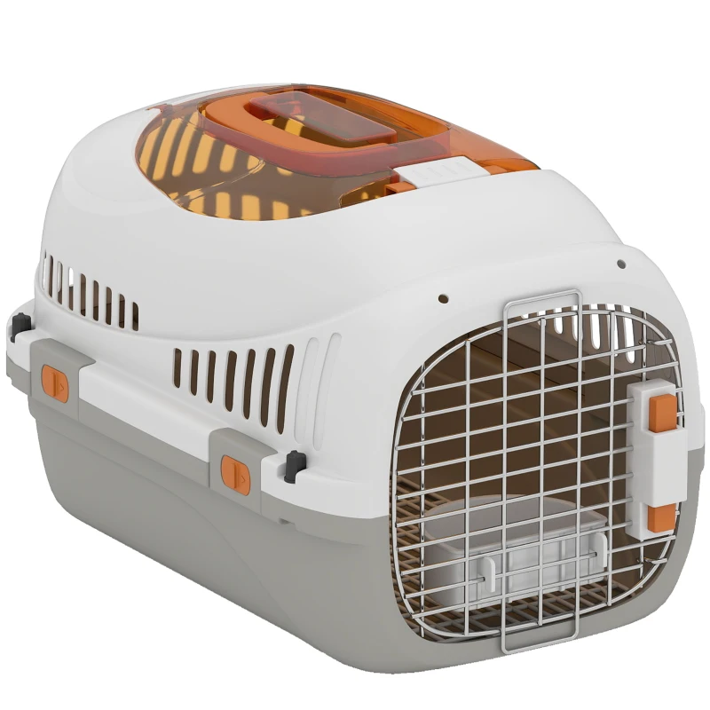 PawHut Plastic Pet Carrier Hard Shell Dog Cat Carrier Max 4 KG Steel Door Feed Bowl Secure Lock 49 x 32 x 31 cm