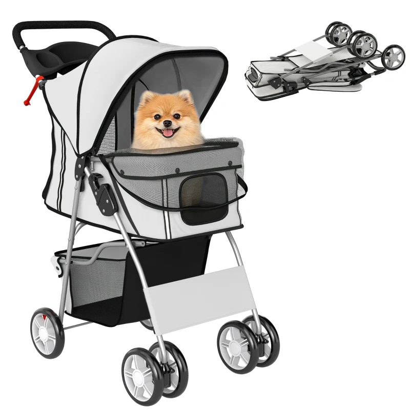 PawHut Carrito para Perros Pequeños con Cesta de Almacenaje Portavasos Ruedas y Cojín Lavable 77x44x102 cm Gris