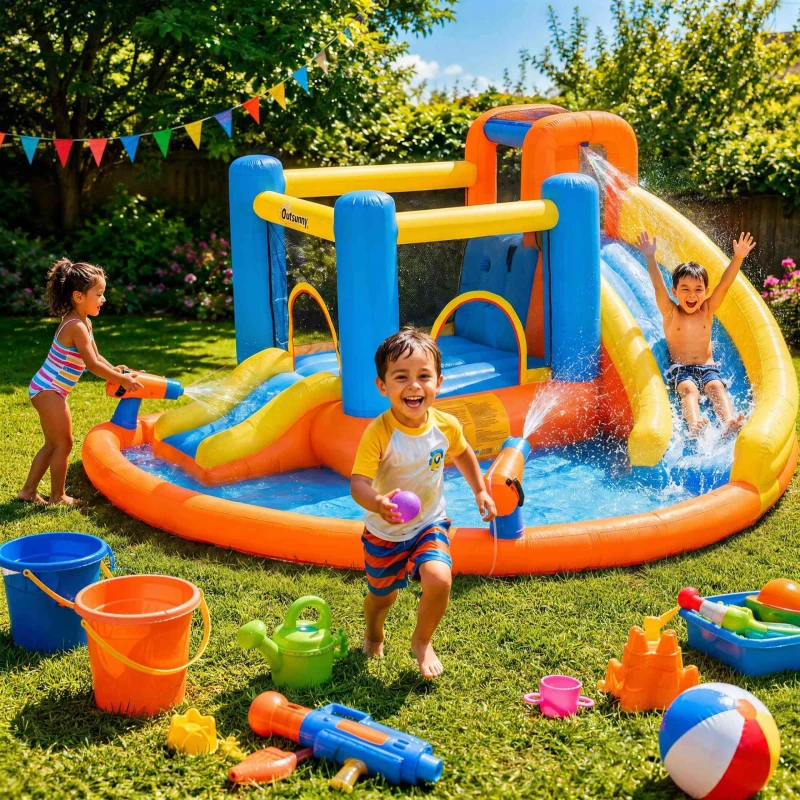 AIYAPLAY 5 in 1 Bouncy Castle for Children, Inflatable Bounce House with Dual Slides, Pool, Climbing Wall, Water Cannons, Blower