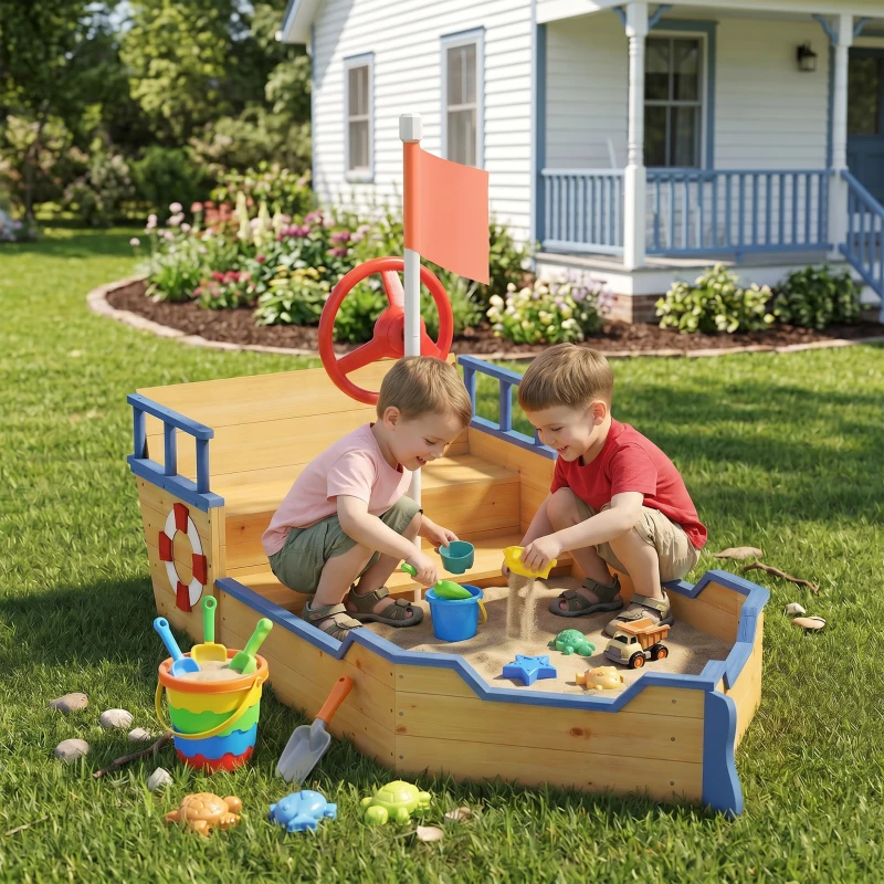 Outsunny Zandbak piratenschip ontwerp gemaakt van vurenhout kinderen 3-6 jaar naturel