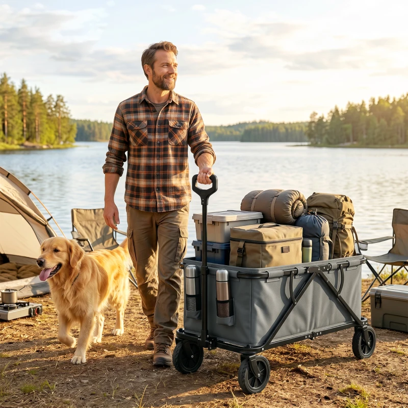 Outsunny Gartenwagen 120 kg belastbar, klappbar Transportwagen mit herausnehmbare Plane 160 Liter Dunkelgrau