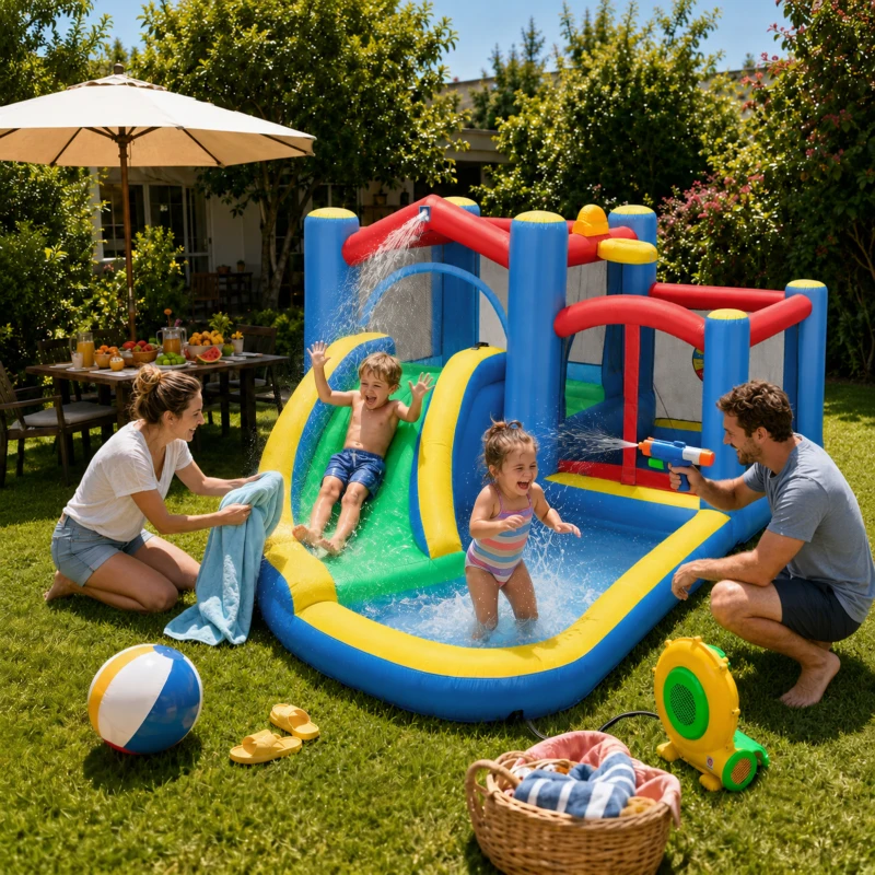 AIYAPLAY Inflatable Bouncy Castle with 550W Blower, Basketball Hoop, Long Slide, Dart Board, Carrying Bag, 385 x 290 x 180 cm