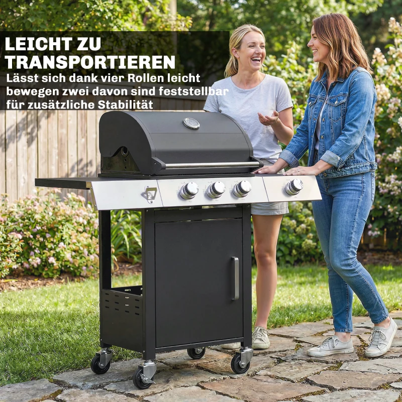 Outsunny Gasbarbecue 10,5 kW 3+1 Branders BBQ Grillwagen RVS met Zijbrander Flesopener Thermometer Gietijzeren Grillrooster