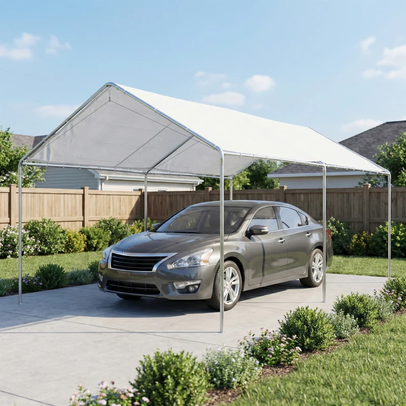 Outsunny Tenda de garagem 3x6 m Impermeável com Toldo de Tecido PE e Estrutura de Aço Galvanizado Branco