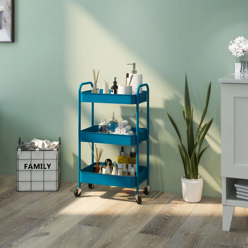 HOMCOM Desserte chariot de rangement en acier chariot de service à roulettes 3 plateaux ajourés 45 x 30,6 x 79 cm bleu foncé