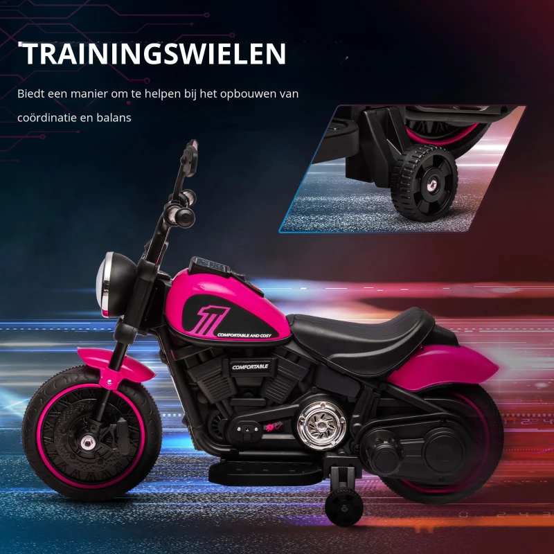 HOMCOM Elektrische kindermotorfiets met zijwieltjes, koplamp, 1,5 tot 3 km/u, roze(m-4)