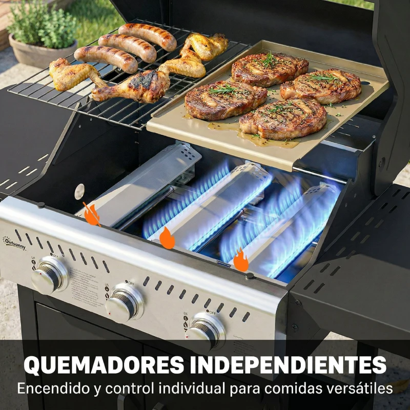 Outsunny Barbacoa de Gas con 3 Quemadores 7,5 kW Termómetro Parrilla Plancha Mesas Laterales Armario Ruedas 125x57x110 cm Negro