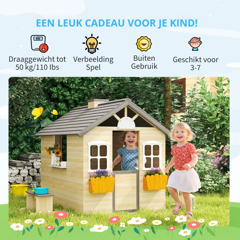 Outsunny speelhuis voor kinderen, houten kinderspeelhuis met raam, brievenbus, buitentuin speelhuis met bloempottenrek, houten speelhuis voor 3-7 jaar, dennenhout, naturel, 113 x 94 x 134,5 cm