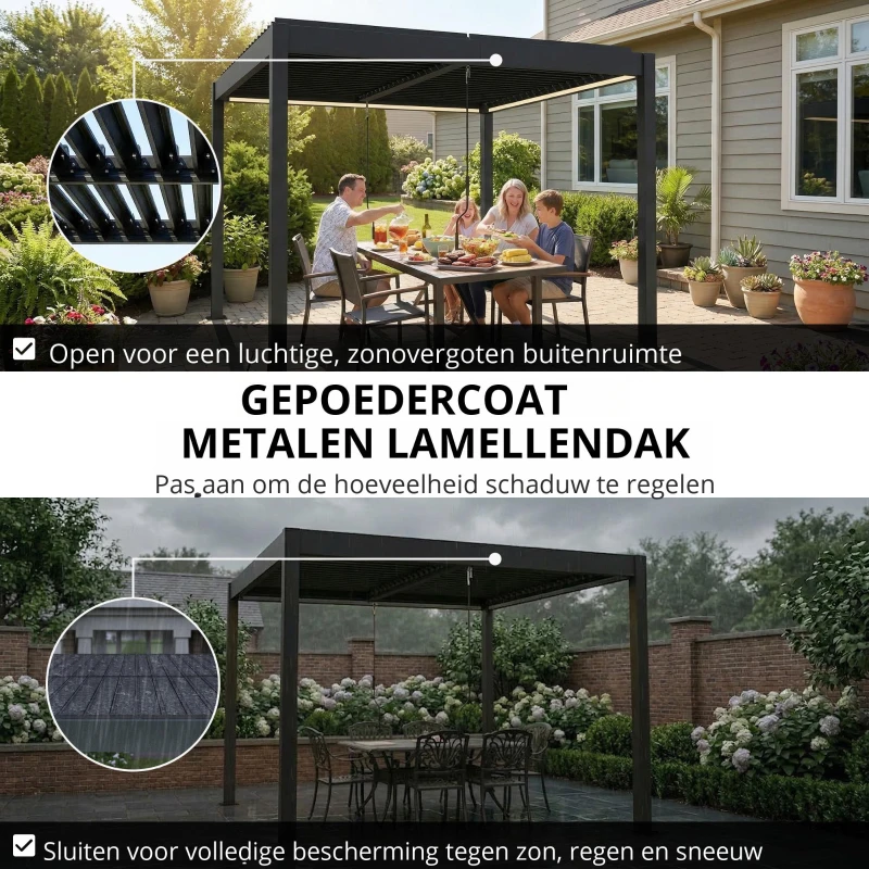 Outsunny Pergola 3x3 m aluminium terrasoverkapping met LED-verlichting afstandsbediening verstelbaar lamellendak