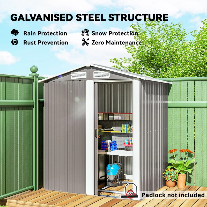 Outsunny Garden Metal Tool Storage Shed with Sliding Door, Sloped Roof and Foundation Kit, 152 x 132 x 188cm, Grey