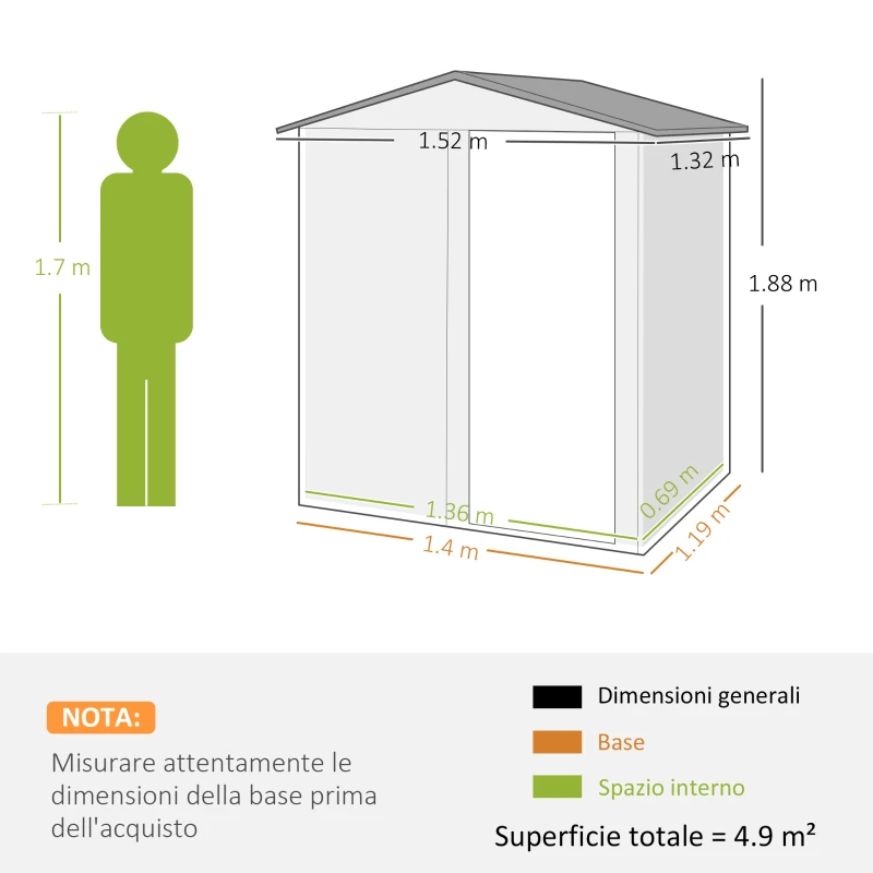 Outsunny Casetta da Giardino Porta Attrezzi in Acciaio con Tetto Inclinato e 4 Prese d'Aria, 152x132x188 cm, Grigio