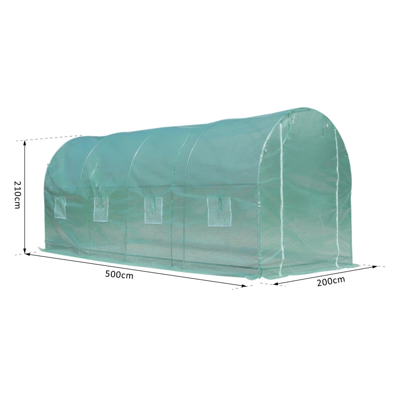Outsunny Estufa tipo Túnel 500x200x205 cm Estufa de Jardim com Porta Enrolável e 8 Janelas Cobertura de PE 140 g/m² Verde