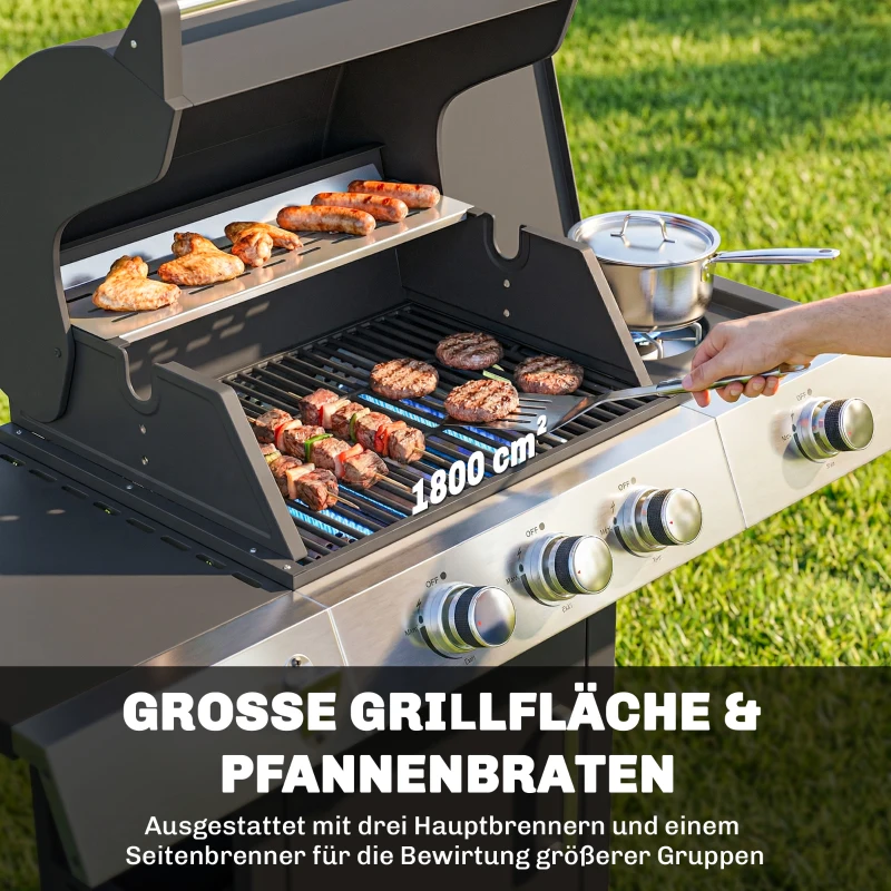 Outsunny Gasgrill 10,5 KW 3+1 Brenner BBQ Grillwagen Edelstahl inkl Seitenbrenner Flaschenöffner Thermometer Gusseisen-Grillrost