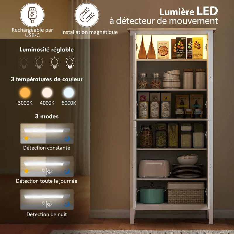 HOMCOM Buffet cuisine, meuble cuisine rangement haut avec LED réglable et détecteur de mouvement, 80 x 40 x 176,5 cm, blanc
