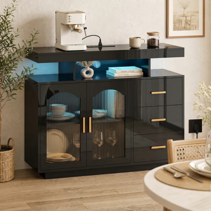 HOMCOM High Gloss Sideboard with LED Lights, Built-in Power Outlets, 3 Drawers, Shelves and 2 Acrylic Doors, Black