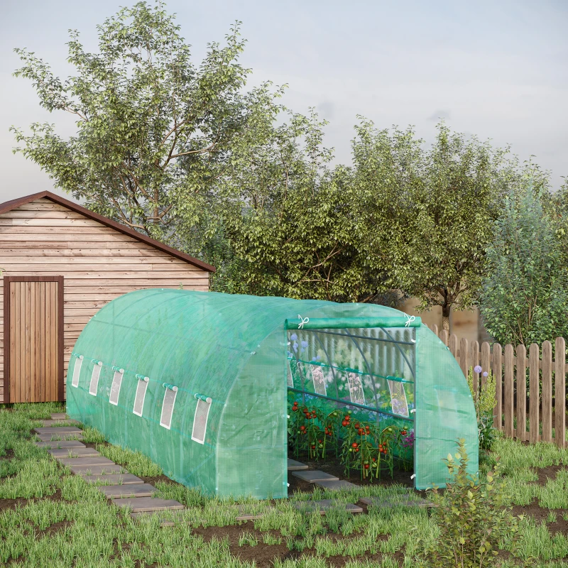 Outsunny Estufa tipo Túnel 8x3x2m Aço e PE 140 g/m² Estufa para Cultivo de Plantas Tomates Verduras com 12 Janelas e Porta Enroláveis Verde