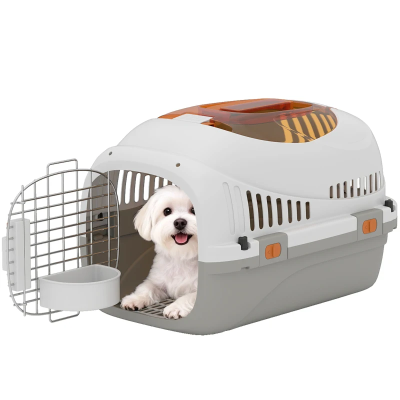 PawHut Plastic Pet Carrier Hard Shell Dog Cat Carrier Max 4 KG Steel Door Feed Bowl Secure Lock 49 x 32 x 31 cm