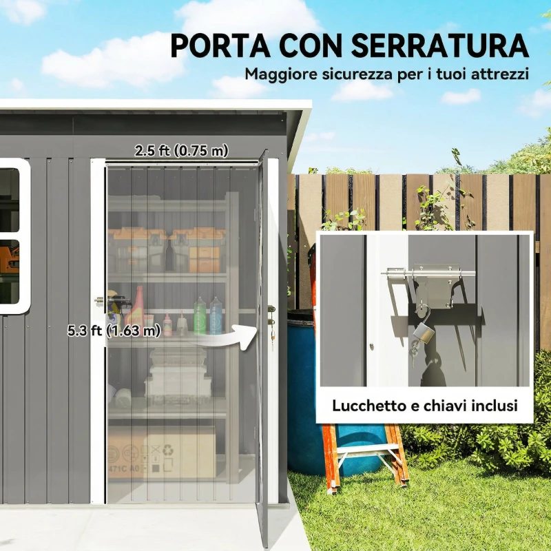 Outsunny Casetta da Giardino 2.55m² in Acciaio Zincato, con Kit di Fondazione, Porta Blocco Tetto Inclinato, Grigio