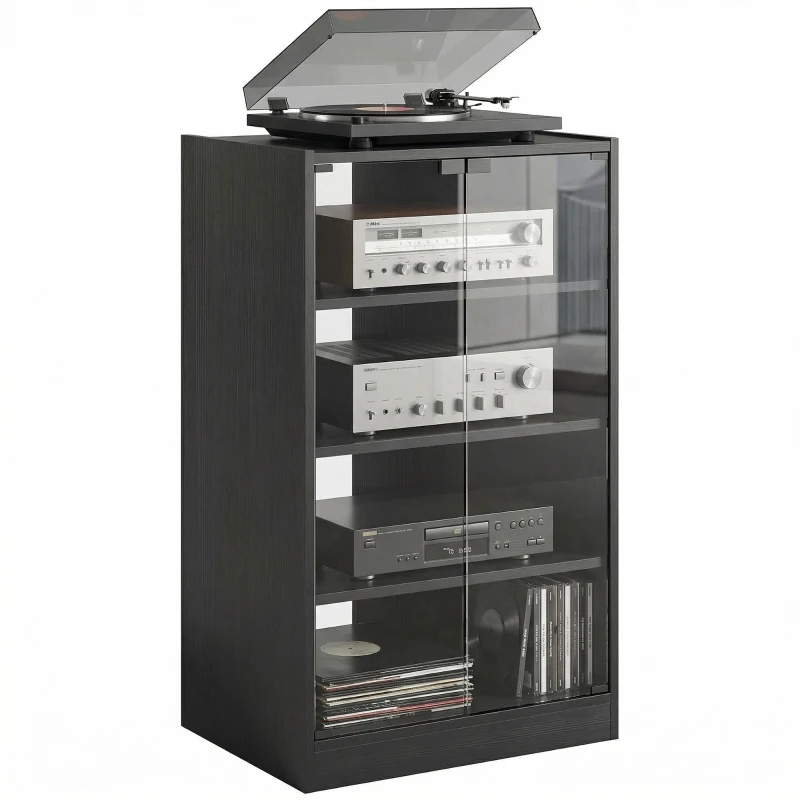 HOMCOM 4-Tier Hi-Fi Stand,  Record Player Stand with Adjustable Shelves and Push-to-Open Glass Doors, Black Wood-Effect