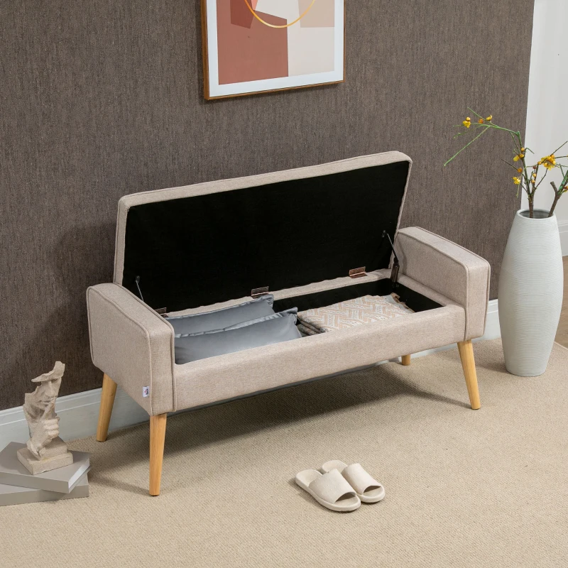 HOMCOM Banco de Armazenamento Estofado em Linho com Tampa Abatível e Pés de Madeira 120x45x54cm Bege