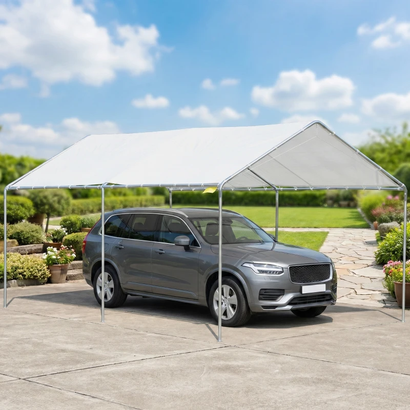 Outsunny Tenda de garagem 3x6 m Impermeável com Toldo de Tecido PE e Estrutura de Aço Galvanizado Branco