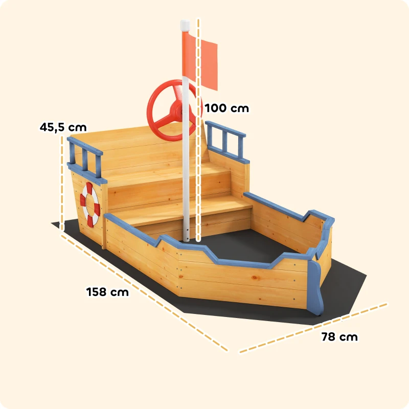 Outsunny Zandbak piratenschip ontwerp gemaakt van vurenhout kinderen 3-6 jaar naturel