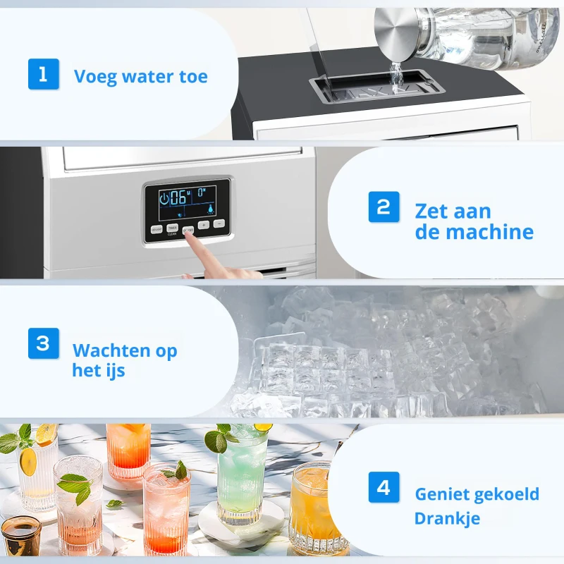 HOMCOM Commerciële IJsblokjesmachine, LED-Verlichting, Makkelijk Afleesbare Displays, inclusief Schep, Zilver