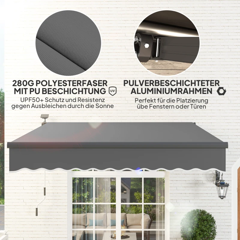 Outsunny Vrijstaande Luifel met Handkruk Solar-LED Verlichting UV 50+ 300 cm Breed Grijs