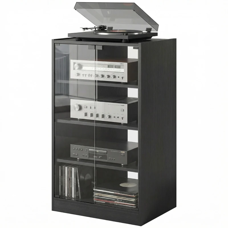 HOMCOM 4-Tier Hi-Fi Stand,  Record Player Stand with Adjustable Shelves and Push-to-Open Glass Doors, Black Wood-Effect