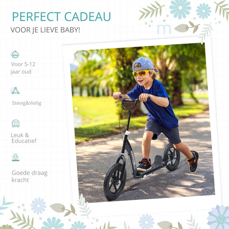 HOMCOM kinderstep scooter step stadsscooter kinderscooter kickboard 12 inch zwart 120 x 52 x 80-88 cm