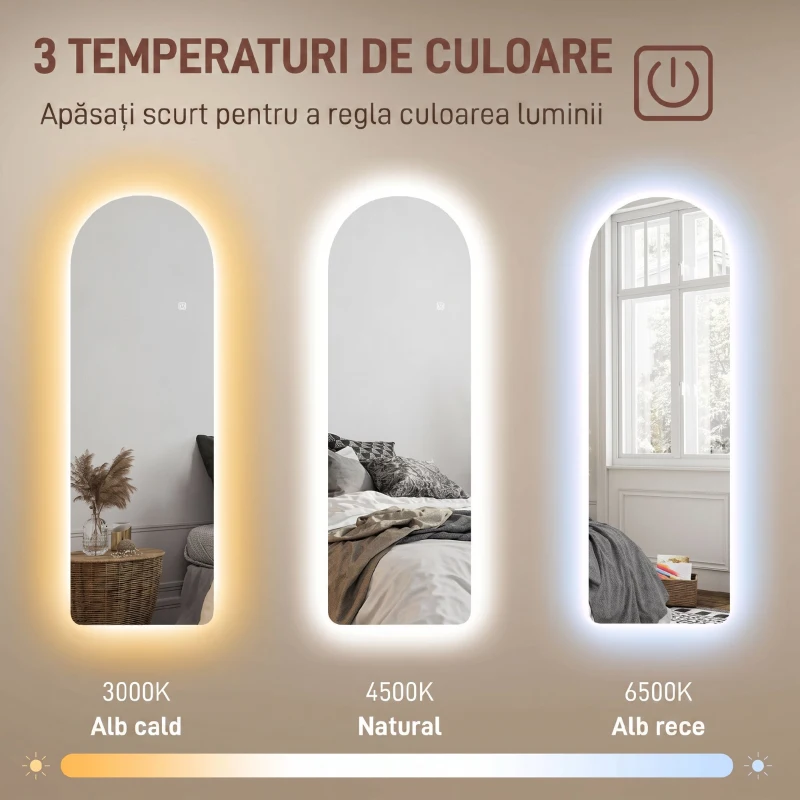 HOMCOM Oglindă de Perete Arcuită cu Iluminare LED Reglabilă și Control Touch, din Sticlă Temperată, 40x3x120 cm