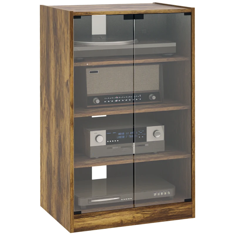 HOMCOM 4-Tier Hi-Fi Stand,  Record Player Stand with Adjustable Shelves and Push-to-Open Glass Doors, Rustic Brown
